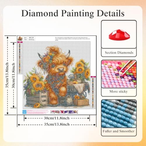 5D Cute Highland Cow Diamond Art kits for Adults Beginners 13.8x13.8inch - color: KM1328-1