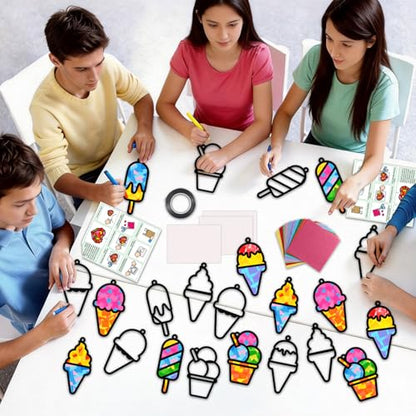 Qyeahkj 36 Set Ice Cream Suncatchers Crafts for DIY Dessert Window Tissue Paper Crafts Kit Summer Sweet Suncatcher Hanging Decor for Summer Home Activity Art Project Birthday Party Favor Gift - style: Ice Cream