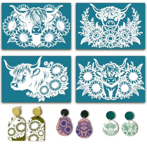 4Pcs 4 Styles Silk Screen Stencils Reusable Sunflower 3.9 x 6 Inch Polymer Clay Stencils Cattle Sunflowers Pattern Reusable Nylon Transfers for Clay Wood Fabric Jewelry Making DIY Crafts - color: Cattle
