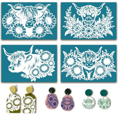4Pcs 4 Styles Silk Screen Stencils Reusable Sunflower 3.9 x 6 Inch Polymer Clay Stencils Cattle Sunflowers Pattern Reusable Nylon Transfers for Clay Wood Fabric Jewelry Making DIY Crafts - color: Cattle