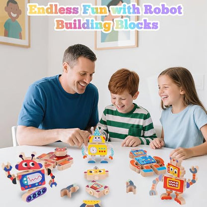ATOYUS Wooden Montessori Robot Building Blocks Toys for Kids 3-5, 35-Piece