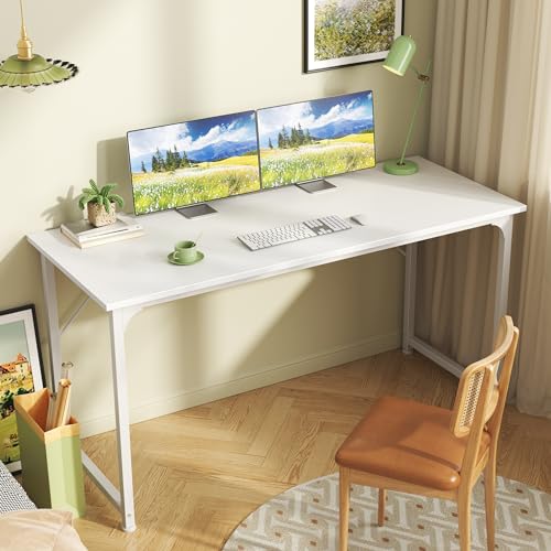 Huuger Computer Desk, 55 Inch Home Office Desk, Gaming Writing Work from Home Study Desk, Large Legroom, Sturdy Metal Frame, Modern Simple, White - color: White, size: 54inch