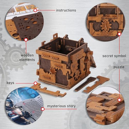 WOODEN.CITY Escape Room Puzzle Box – 3D Wooden Puzzle Box for Adults & Teens, Brain Teaser Puzzle Box Secret Lock Box with Cluebox Mechanism – Mechanical Wood Puzzle Box Kit, Unique Puzzle Boxes Gift