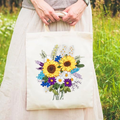 Canvas Tote Bag Silk Ribbon Embroidery Kit for Beginners Arts DIY Crafts Starter Kit Include Stamped Bag Threads Hoop - color: Color #2, Beige Bag