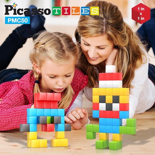 PicassoTiles Kids Pixel 1” Magnetic Puzzle Cube Mix & Match with Free Ideabook Sensory Toys STEAM Learning Building Block Magnets Construction Toy Set Stacking Magnet Creative Kit - style: 50pc