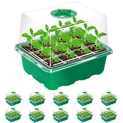 Bonviee 10-Pack Seed Starter Trays, Tall Dome, Base, 12-Cell Tray, Green - color: Green, size: 10 Packs
