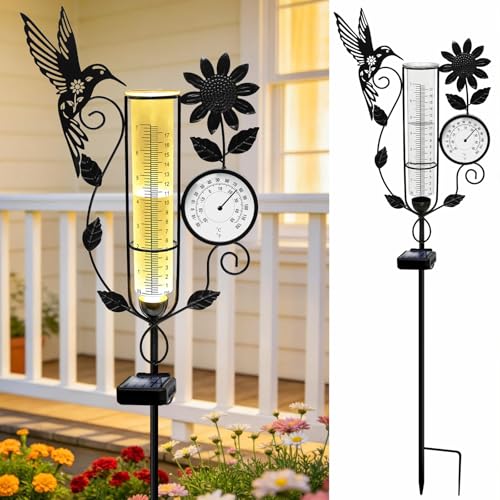 Metal Hummingbird Solar Rain Gauge Outdoor with LED Light and Thermometer - color: Hummingbird