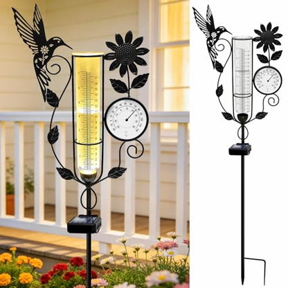 Metal Hummingbird Solar Rain Gauge Outdoor with LED Light and Thermometer - color: Hummingbird