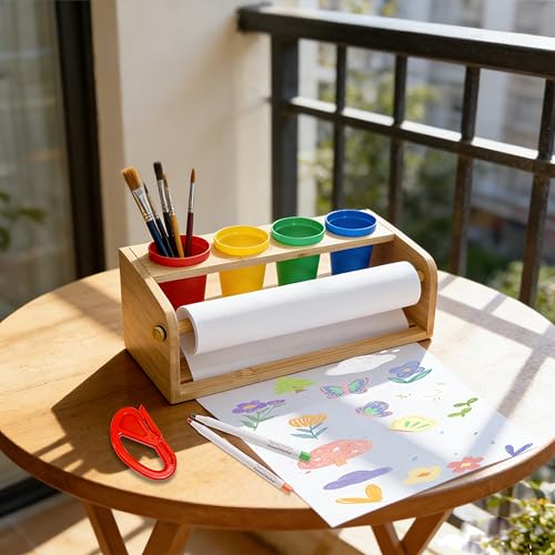 Bamboo Tabletop Paper Roll Dispenser, Desktop Art Easel with 12" x 49ft Blank Paper Roll, 4 Pen Cups, Paper Cutter for Drawing, Writing, Graffiti, Art Crafts