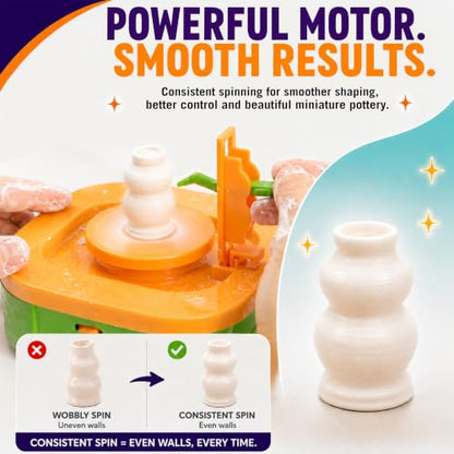 Precision Mini Pottery Wheel for Kids – Mini Pottery Kit with Strong Motor, Air Dry Clay & 6 Precision Shape Guides – Create Miniature Vases, Bowls & Candle Holders – Pottery Kit for Kids Ages 8-12