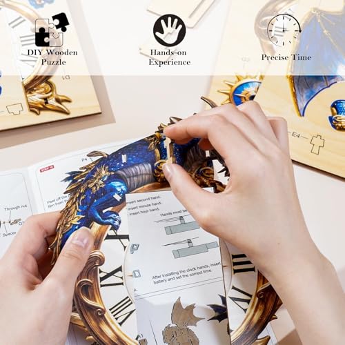 Blue Dragon Clock, 3D Wooden Puzzles for Adults, Mechanical Wood Model Kit