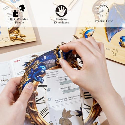 Blue Dragon Clock, 3D Wooden Puzzles for Adults, Mechanical Wood Model Kit