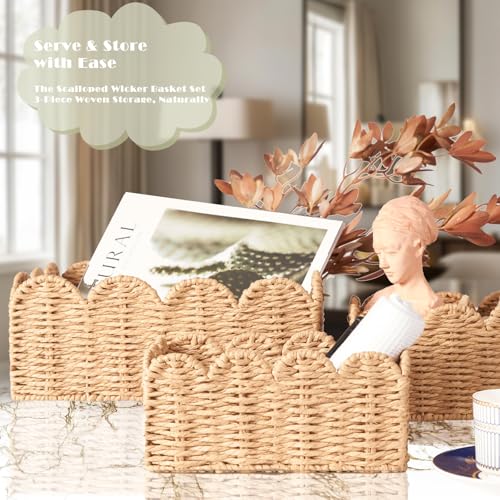 Scalloped Wicker Baskets Set of 3, Hand-Woven Storage with Handles - color: Tan