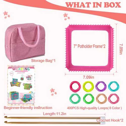 huoszpk Weaving Loom Kit-Includes 2 Pcs 7" Potholder Frame,400 Pcs Weaving Loom Loops,2 Long Crochet Hooks and Bag-Potholder Loom Knitting Kits and Gifts for Beginners, Make 11 Masterpieces