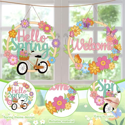 Sereliy 24 Pcs Spring Coloring Wreath Crafts, Color Your Own Flower Crafts, DIY Paper Wreath for Spring Home Activities Games. (Spring.24) - color: Spring.24