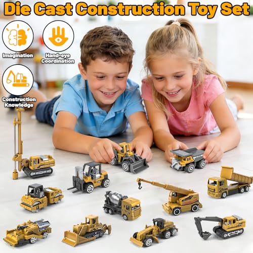 12 Pack Diecast Construction Toys, Mini Alloy Model Toy Cars for Kids 3 4-8 - color: Yellow