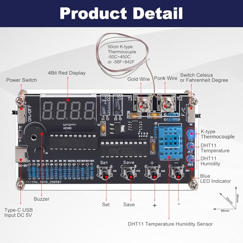 Thermocouple Thermometer DIY Kit, DC 4.5-5V Digital Temperature Humidity Sensor Soldering Project with High Low Temperature Warning -58℉ to 842℉ Thermocouple Soldering Kit for Back to School Education