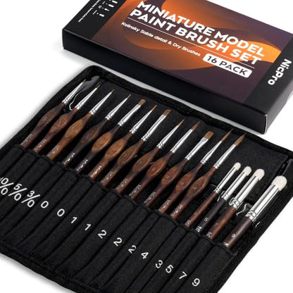 Nicpro 16 PCS Kolinsky Sable Miniature Paint Brushes Dry Brush - size: 16 PCS (brown)