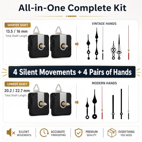 4-Pack Silent Clock Mechanism Replacement Kit, 4 Black Hand Sets - color: Black