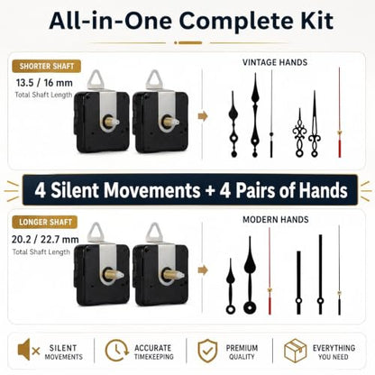 4-Pack Silent Clock Mechanism Replacement Kit, 4 Black Hand Sets - color: Black