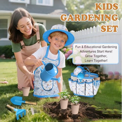 Kids Gardening Tool Set 13PCS Outdoor Toys Tote Bag Watering Can Apron Blue - color: Blue