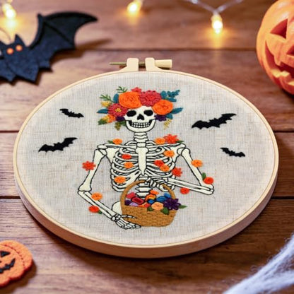 Halloween Embroidery Kits for Beginners Adults, Gothic Skeleton Embroidery Starter Kits, Halloween Cross Stitch Kits Needlepoint Kits for Adults Woman Gifts, Embroidery Hoop, Thread, Video Tutorial - color: H2101