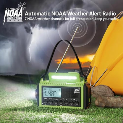Emergency Radio 5000mAh NOAA Weather FM AM SW Battery Operated 5 Way Power - color: Green with Black