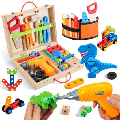 Phobby Wooden Tool Set with Drill & Belt Toy for Kids Ages 2 3 4 5 6, 60Pcs