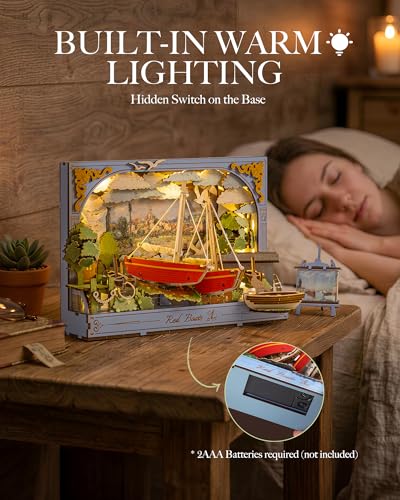 Rowood Red Boat 3D Puzzles for Adults,Wooden Claude Monet Painting Artwork Craft Kits for Adults,DIY Wall Art Building Set with LED,Home Decor Table Art Collection Gift on Christmas - style: Red Boats