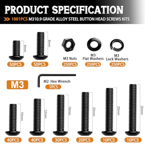 mankk 1001PCS M3 Screws,Hex Socket Button Head Bolt Assortment Kit M3 x 6/8/10/12/16/20/25/30mm Machine Screws with Nuts Washers 10.9 Alloy Steel Button Head Socket Cap Screws - size: M3, style: Button Head