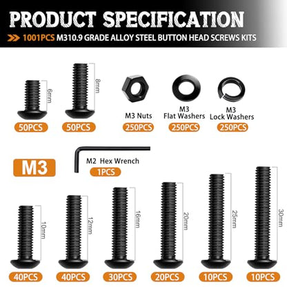 mankk 1001PCS M3 Screws,Hex Socket Button Head Bolt Assortment Kit M3 x 6/8/10/12/16/20/25/30mm Machine Screws with Nuts Washers 10.9 Alloy Steel Button Head Socket Cap Screws - size: M3, style: Button Head