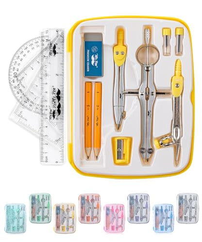 Mr. Pen- Geometry Set, 13 pcs, 3 Metal Compasses, Protractor, 6" Ruler | 45° & 30°/60° Set Squares, Pencils, Lead Refills, Sharpener & Eraser for Math, Drafting & Classroom Use - color: Yellow