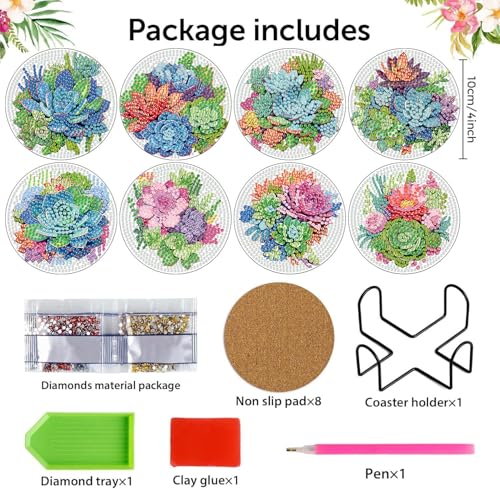 8 Pcs Green Plants Diamond Art Coasters Kit for Adults with Holder 4x4in - color: Plant Coasters, size: 8 Pcs 4x4in