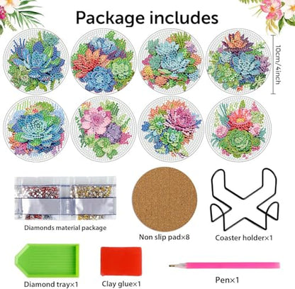 8 Pcs Green Plants Diamond Art Coasters Kit for Adults with Holder 4x4in - color: Plant Coasters, size: 8 Pcs 4x4in