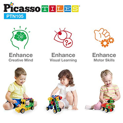 PicassoTiles STEM Learning Toys 105 Piece Building Block Set Kids Construction Engineering Kit Toy Blocks Children Early Education Playset w/IdeaBook, Power Drill, Clickable Ratchet, Age 3+ PTN105 - color: 105pcs Transformation