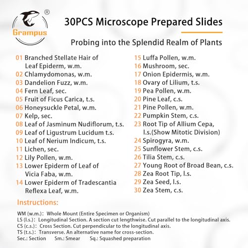 30 Prepared Microscope Slides with Specimens for Kids Students - Plants, for Biological Science Lab, Children's Science Education, Homeschooling Use - style: 30PCS Plants