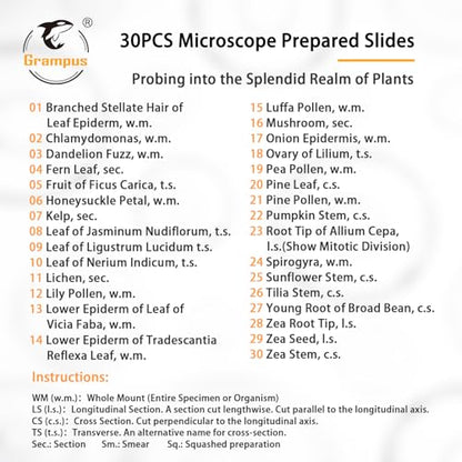 30 Prepared Microscope Slides with Specimens for Kids Students - Plants, for Biological Science Lab, Children's Science Education, Homeschooling Use - style: 30PCS Plants