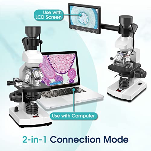 Lab Compound Monocular Microscopes with Constant Temperature,Dual-View Microscope for Adults Students with 40X-2500X Magnification, WF10X/25X Eyepiece, 7'' LCD Screen, Built in 5MP Camera