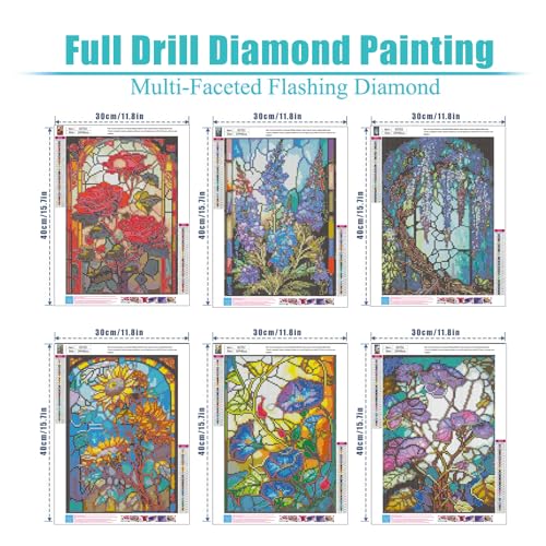 6 Pack Diamond Painting Kits for Adult Flower Diamond Art Kits for Adults - color: 6 pcs glass flower set