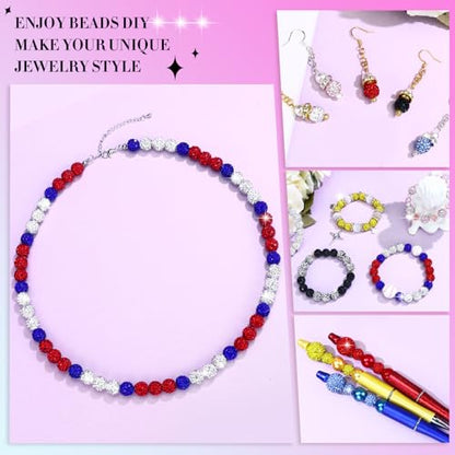 Dowarm 255PCS 10mm Rhinestone Beads for Baseball Rhinestone Necklace Bracelet Jewelry Making, Round Polymer Clay Beads for Crafts Beaded Pens, DIY Shamballa Pave Disco Diamond Bead, White|Red|Blue - color: 03-White | Red | Blue
