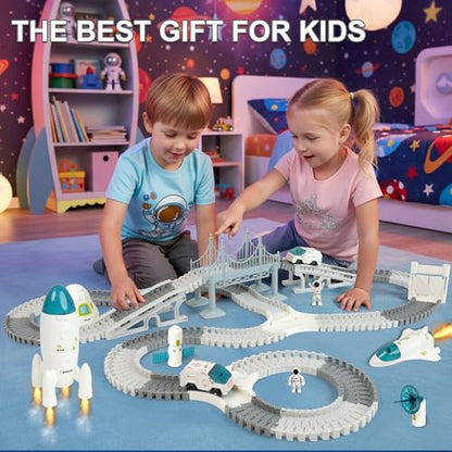GIAT Race Car Tracks Set - Birthday Gift for 3 4 5 6 7 Year Old Boys, 290+ PCS Flexible Train Track Kit for Kids, Interactive Toy with Cars and Rocket - color: White Space Race Track Set