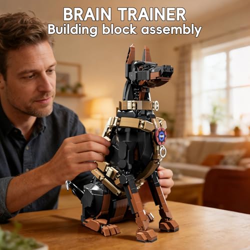Doberman Pinscher Building Set 1376 Pieces Realistic Police Dog K9 Model Kit with Tactical Harness Large Sitting Animal Pet Construction Toy Guardian Statue Gift for Dog Lovers & Adults - color: Doberman Pinscher