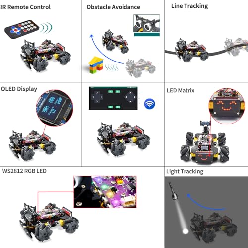 Adeept Mecanum Wheel Smart Car Kit(Compatible with Arduino IDE), Line Tracking, Light Tracing, Obstacle Avoidance, Servo Motor, OLED Display, Buzzer, LED Dot Matrix Display - style: Mecanum Wheels