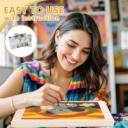 DOODLREAM Cartoon Elephant DIY Punch Needle Embroidery Kit for Adult Beginner, 9.4" Sunset Glow Animal Punch Stitching Craft Set for Starter with Frame,Fabric Pattern,Threader, Yarn, Pinch Needle - color: Elephant