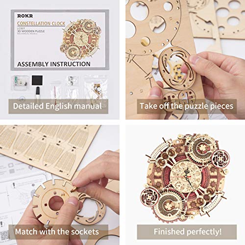 ROKR 3D Wooden Puzzle Clock Model 12"– DIY 168 PCS Mechanical Model Kit Toys Home Decor Elegant Gifts for Teens/Adults