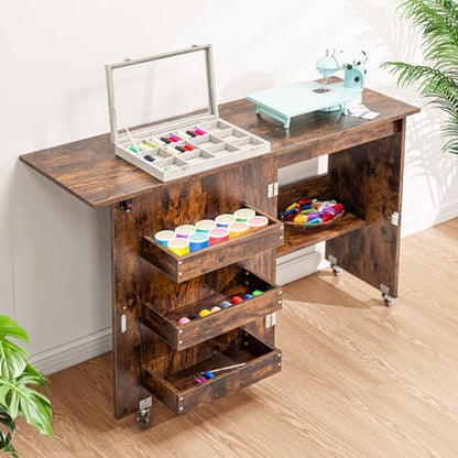 VIVOHOME Folding Sewing Table for Sewing Machine, Sewing Desk with Storage - color: Rustic Brown