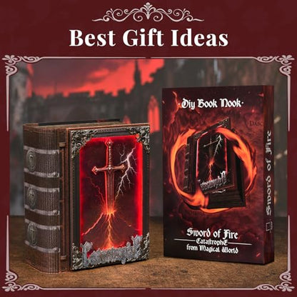MiniCity Sword of Fire Book Nook Kit, 3D Wooden Bookshelf Puzzle with LED - color: The Sword of Fire