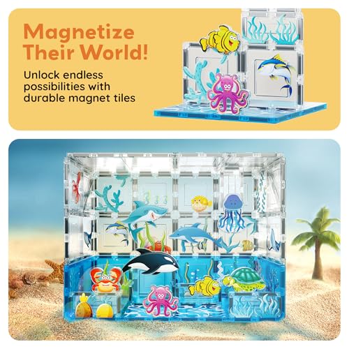 PicassoTiles 52 PCS Magnetic Tiles Ocean Animal STEM Set 8 Figures Ages 3+ - color: Marine Animal Set With 8 Action Figures