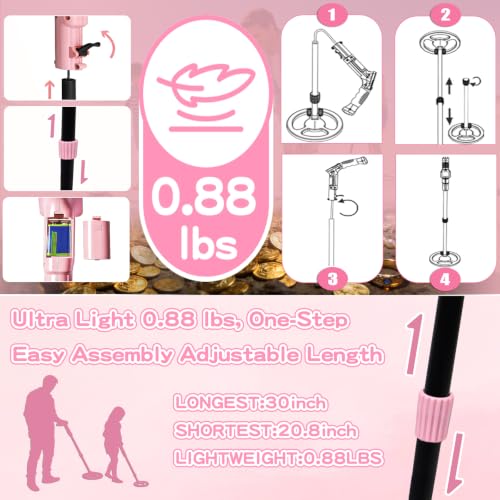 Metal Detector for Kids,0.88lbs with Shovel Rake Mesh Bag Kit,Pink