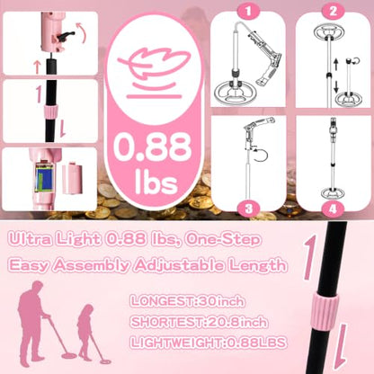 Metal Detector for Kids,0.88lbs with Shovel Rake Mesh Bag Kit,Pink